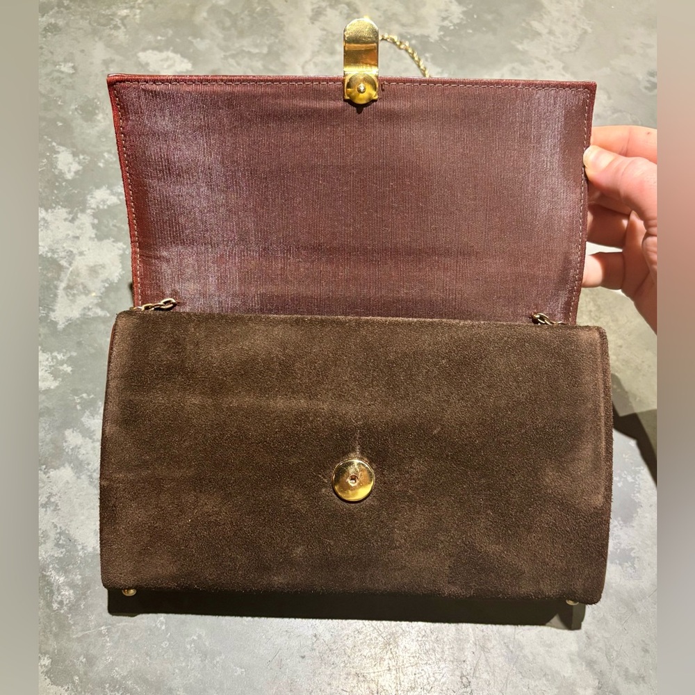 Vintage Crown Lewis Brown Suede Clutch with Gold Chain - Picture 4 of 10